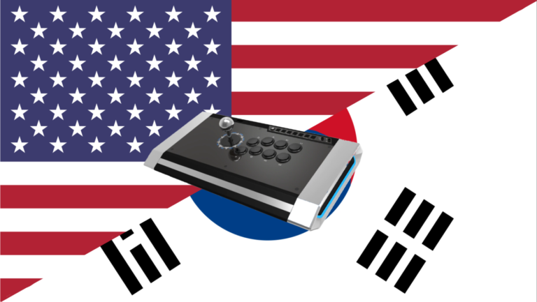 a split united states and south korean flag with a fightstick on top