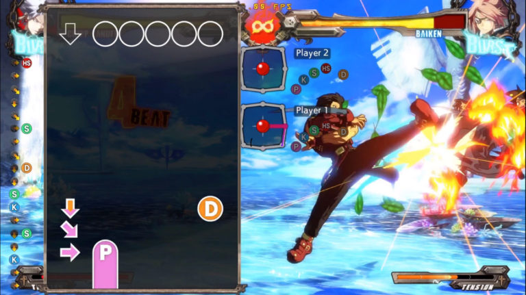 chipp performing a combo with a rhythm-game-style input chart on the left side of the screen